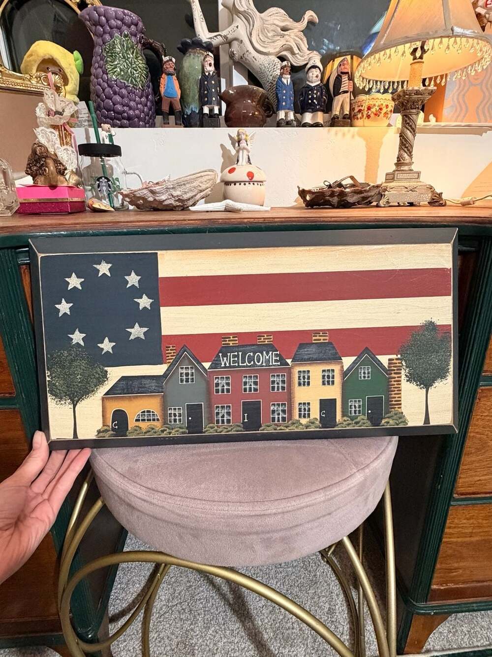 Primitive Americana Folk Art Wooden Welcome Sign with Houses and Flag Design